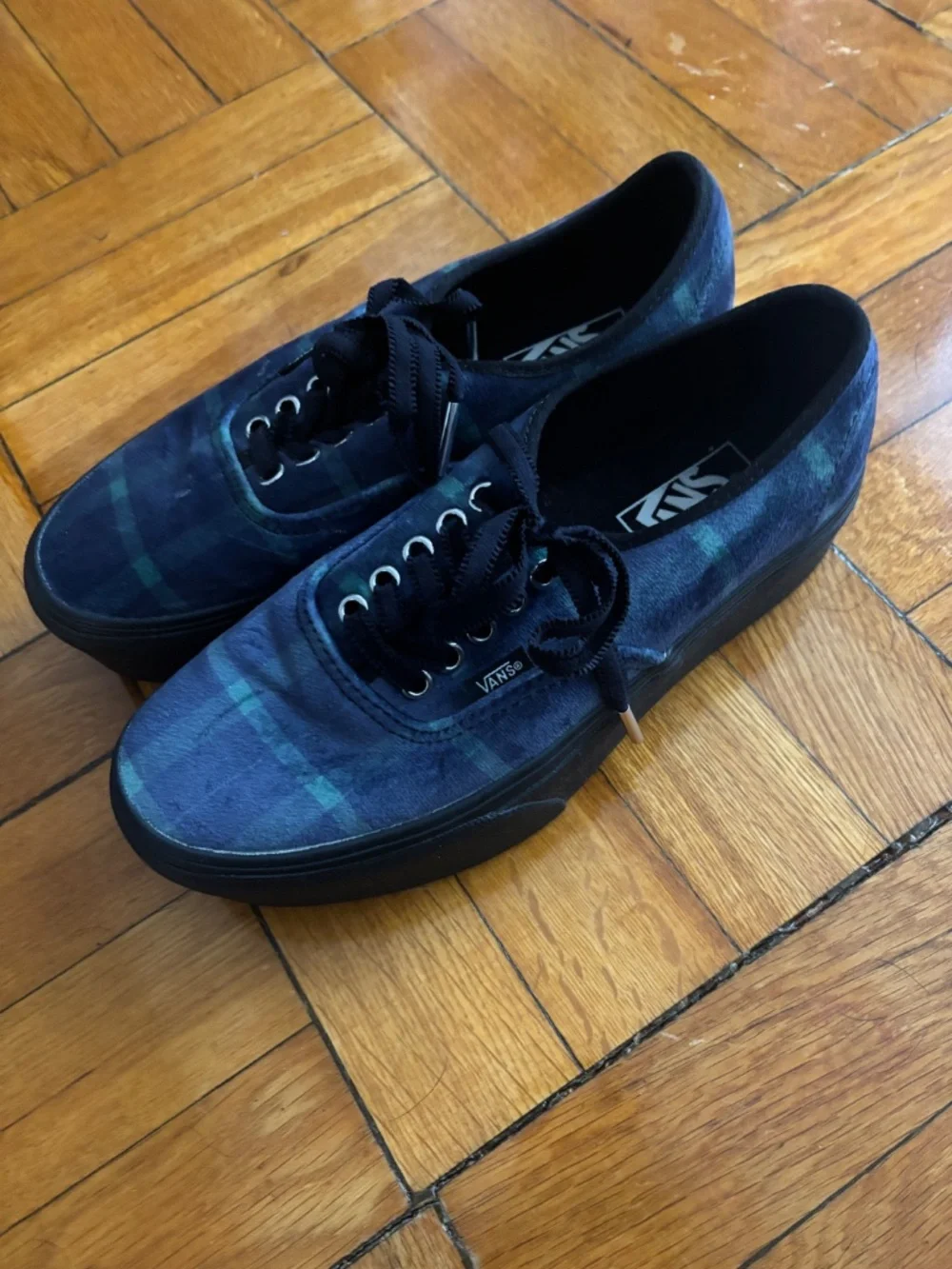 Rare Vans Velveteen Plaid Sneakers – Blue & Green Velvet Low-Tops, Size W8/M6.5